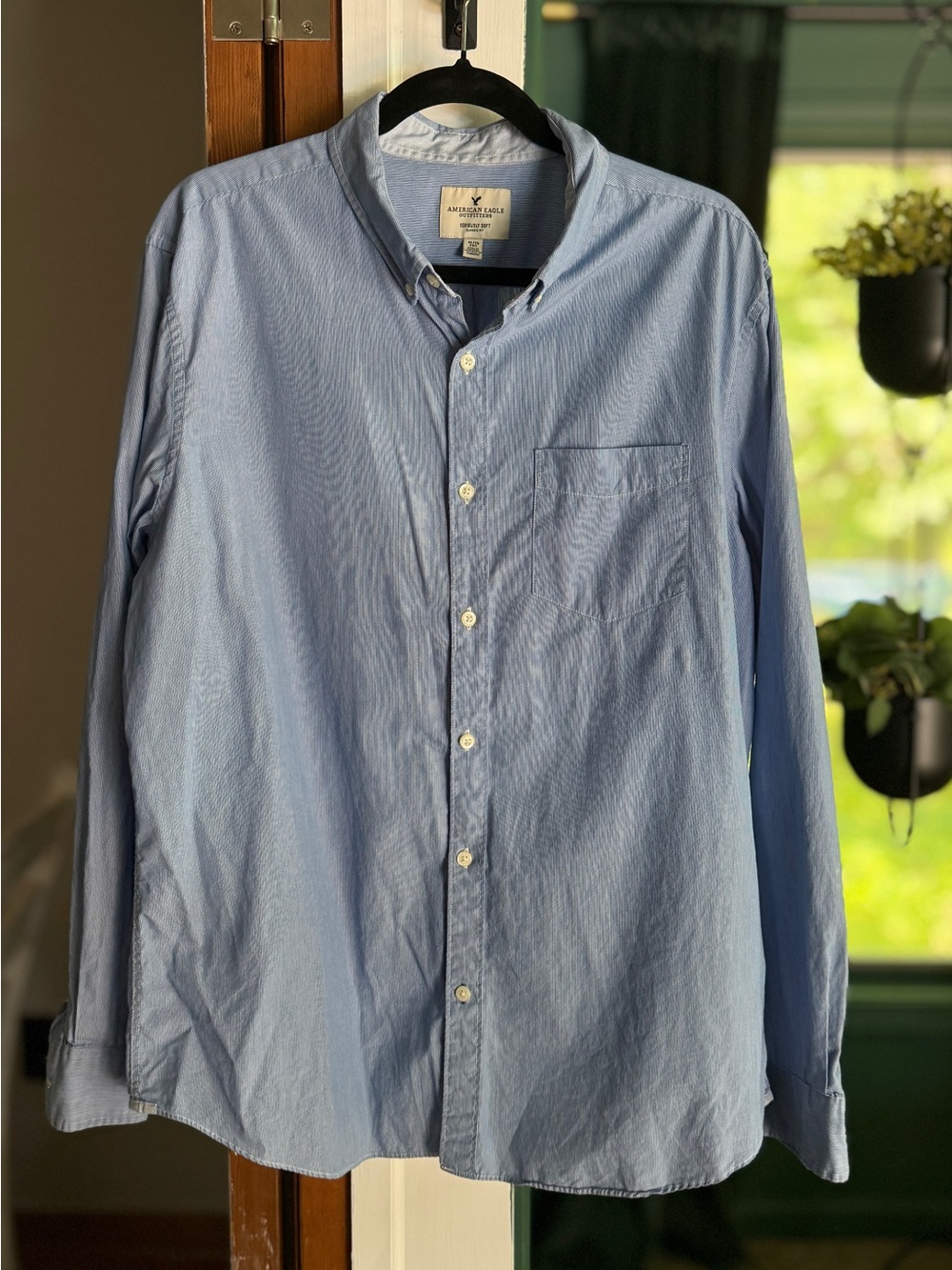 Classic Fit Seriously Soft American Eagle Light Blue Striped Button-Down Preppy